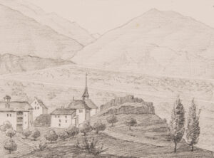 La ville de Conthey, tombée aux mains des Valaisans après la bataille de Planta, dans un croquis datant de 1868. Au premier plan, la ruine du château des comtes de Savoie, détruit en 1475.