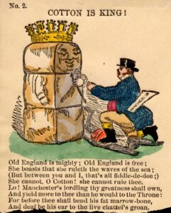 Karikatur von 1861 mit dem «Cotton King» (Baumwollkönig). Der Ausspruch «Cotton is king» ist eine Anspielung auf die wirtschaftliche Macht der Konföderierten Staaten durch den Baumwollanbau über das Vereinigte Königreich, hier dargestellt durch die Figur John Bull.