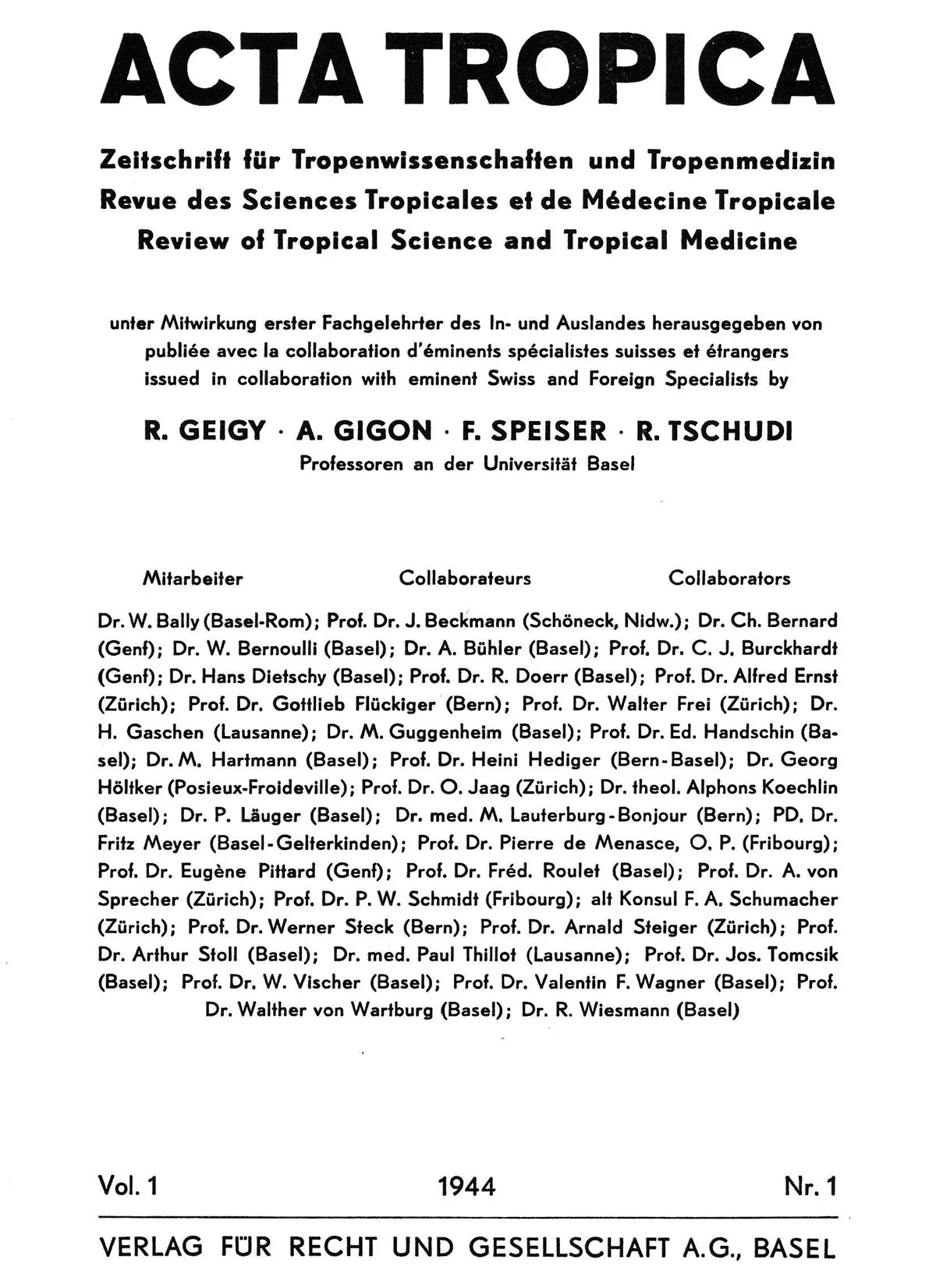 Cover of the journal Acta Tropica, 1944.