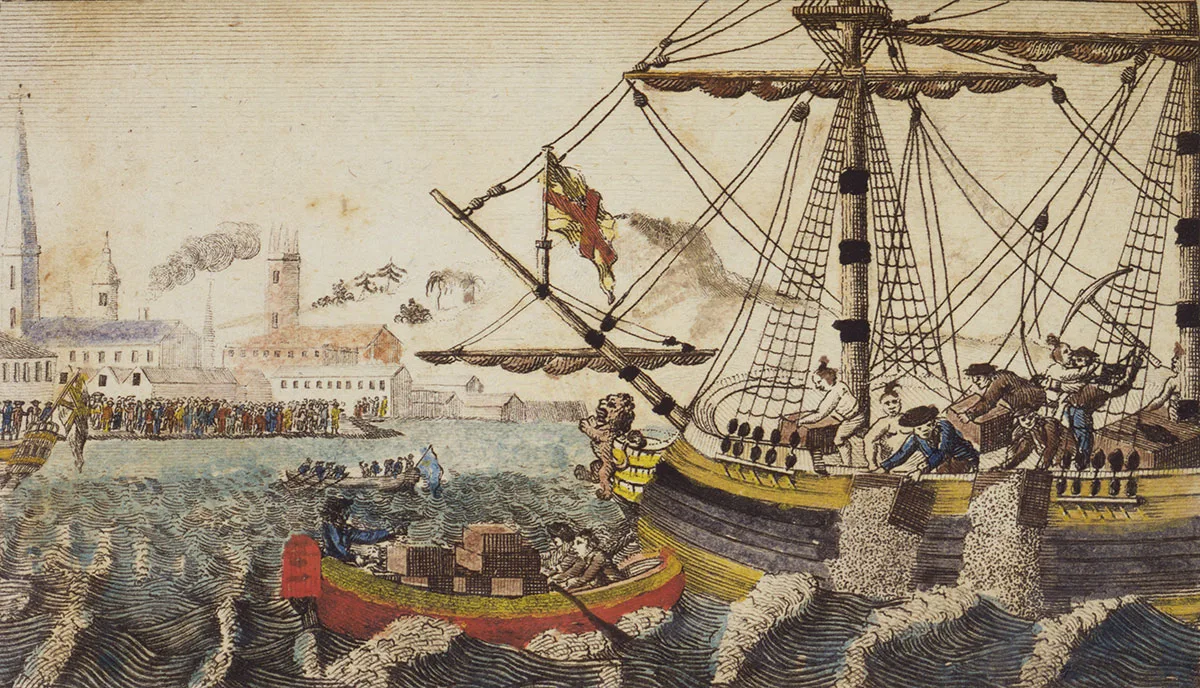 Darstellung der Boston Tea Party von 1773.