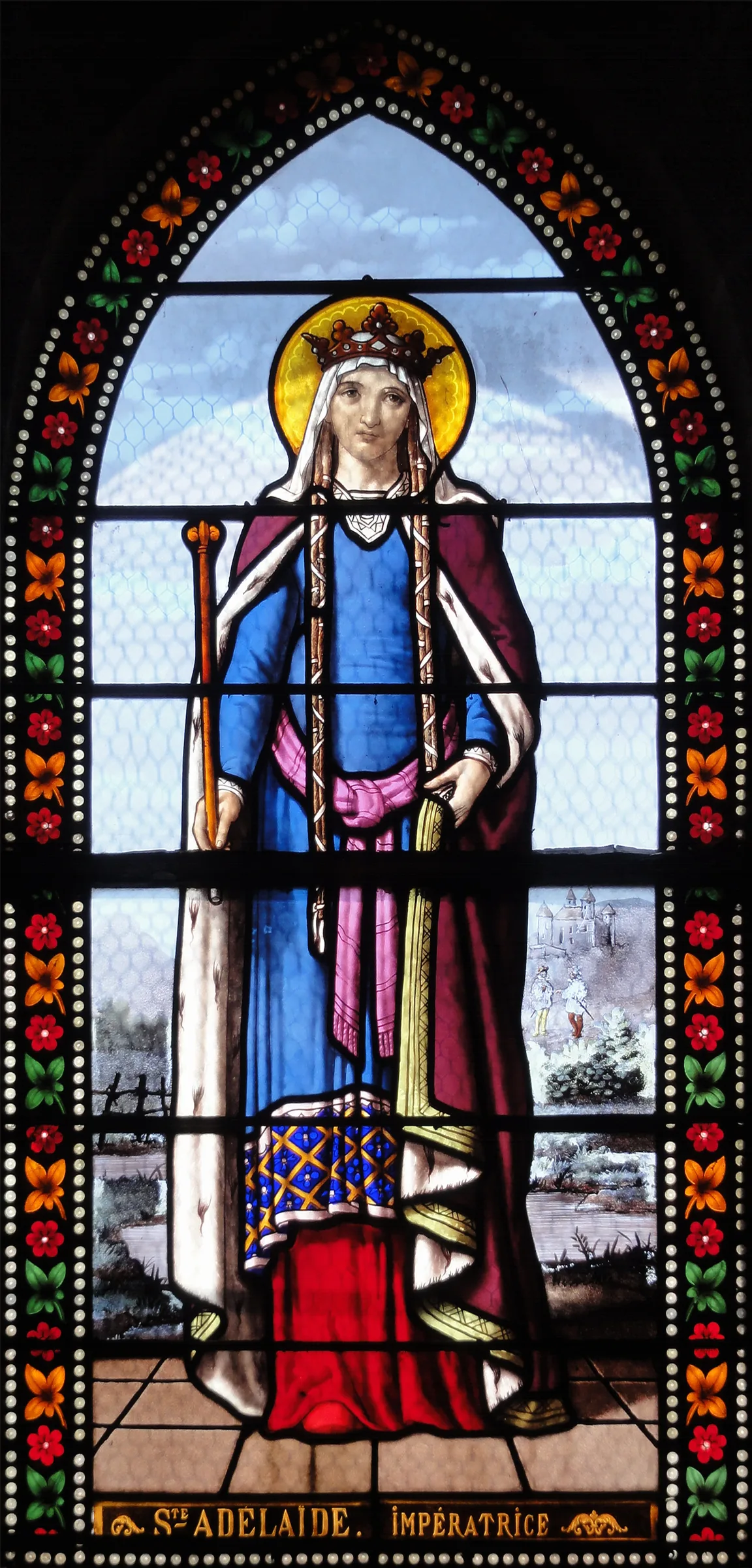 Darstellung von Adelheid von Burgund auf einem Glasgemälde der Kirche Saint-Denis de Toury (Eure-et-Loir), Atelier Lorin de Chartres, um 1890.