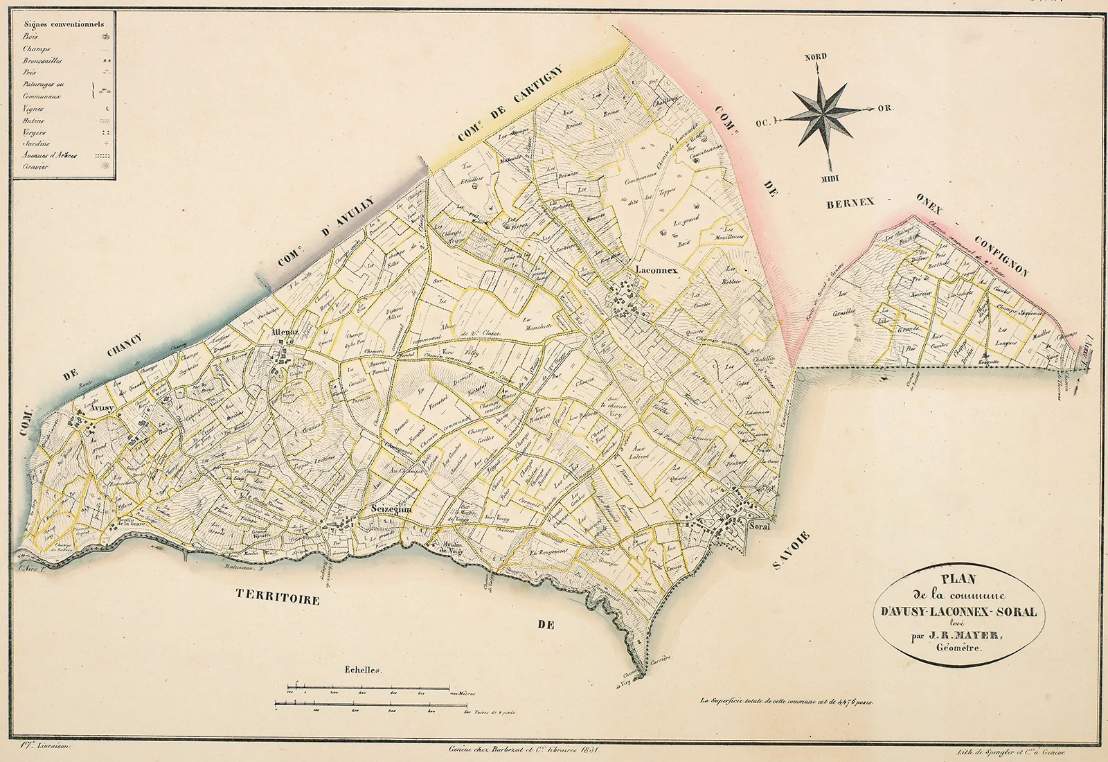 Das administrativ geteilte Gebiet um Genf auf einer Karte von 1831.