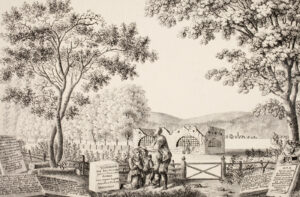 Das Beinhaus mit Gedenkstätte zur Murtenschlacht in Murten FR nach der Brandschatzung durch französische Truppen am 3. März 1798. Lithografie um 1820.