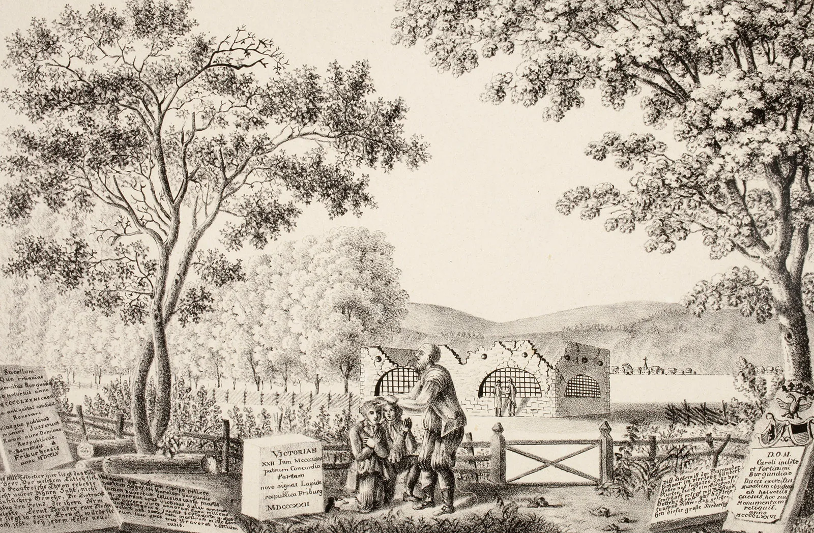 Das Beinhaus mit Gedenkstätte zur Murtenschlacht in Murten FR nach der Brandschatzung durch französische Truppen am 3. März 1798. Lithografie um 1820.