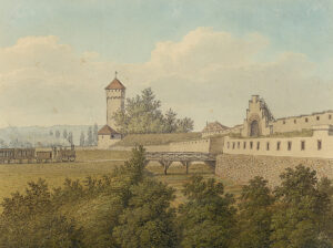 La porte de chemin de fer construite dans les remparts de Bâle, en 1861.