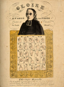 Das französische Gebärdensprachenalphabet mit einem Porträt von Charles-Michel de L'Épée.