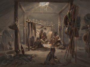 "The interior of the hut of a Mandan chief". Illustration by Karl Bodmer from the publication Travels in the Interior of North America, around 1841.