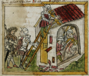 Das Märtyrertum der Wiborada. Die Magyarischen Krieger dringen ihre Kluse ein und fügen ihr tödliche Kopfverletzungen zu.