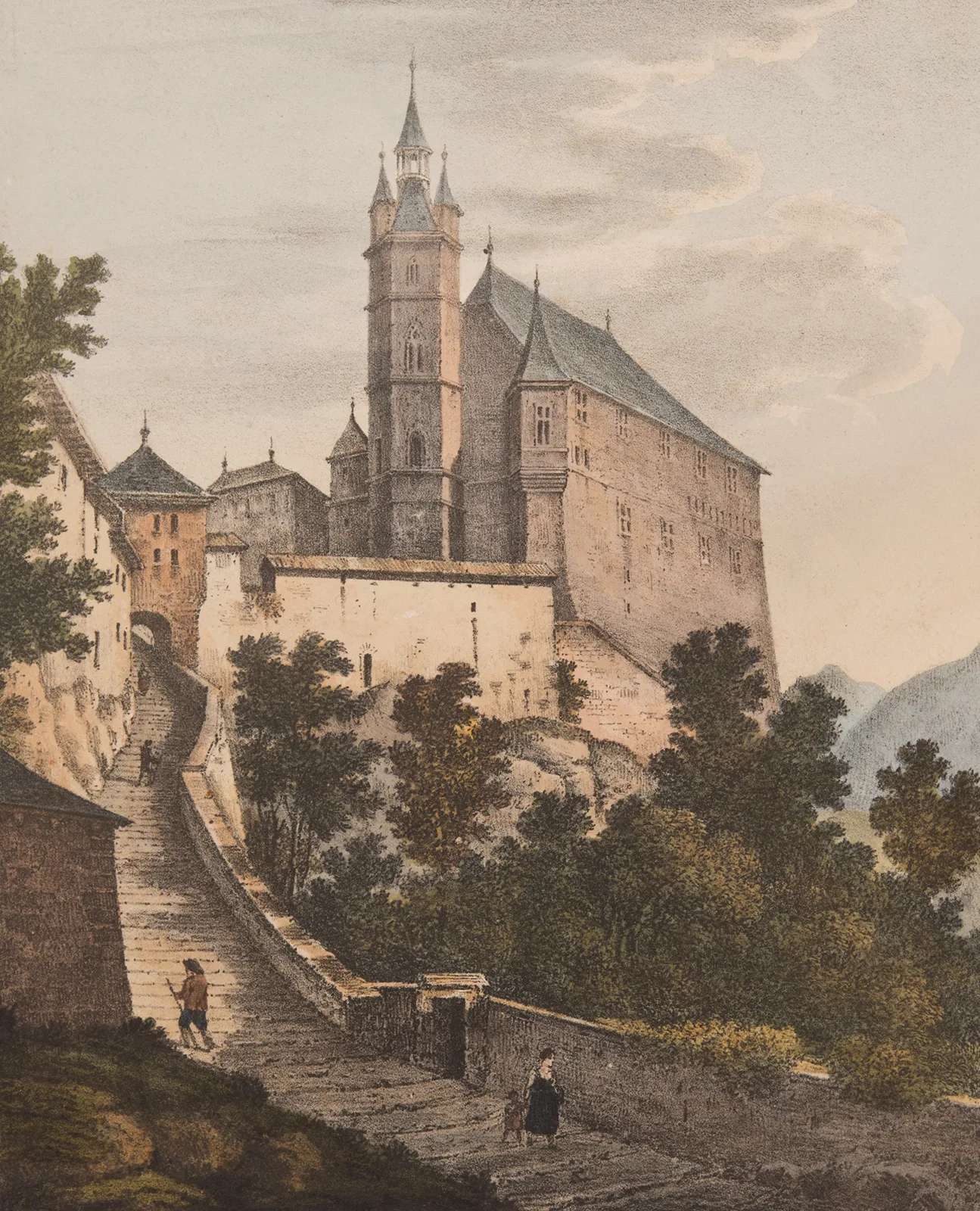 Das Rathaus und die steil abfallende Plattform zur Saane. Druckgrafik von 1822.