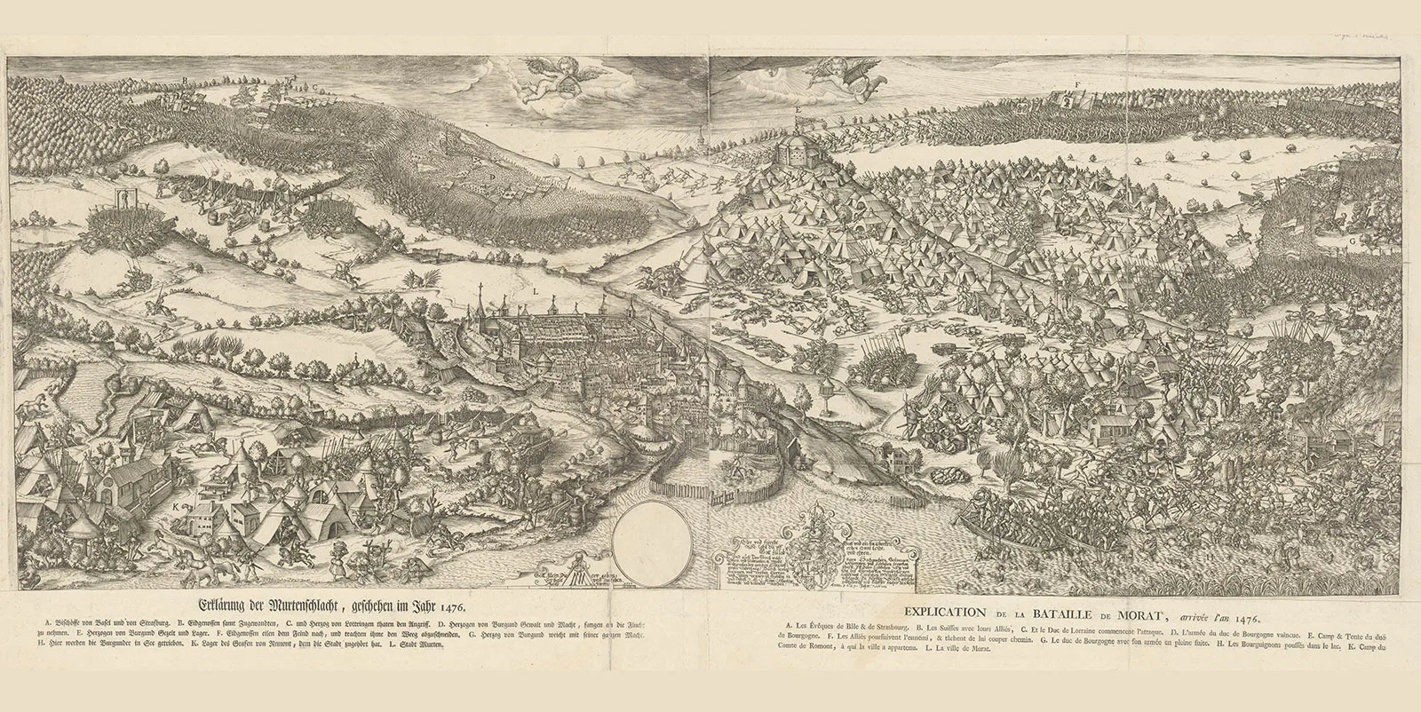 Das Schlachtfeld bei Murten vom See aus gesehen. Kupferstich von Martin Martini, um 1600.