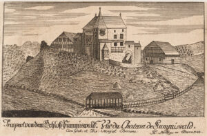 Demeure du chevalier Hans von Stoffeln, personnage fictif. Le château de Sumiswald, gravure sur cuivre de 1744.