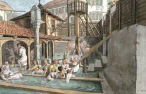 La piscine de Sainte-Vérène vers 1820. Aquarelle de Walter Meier d’après un dessin de Ludwig Vogel.