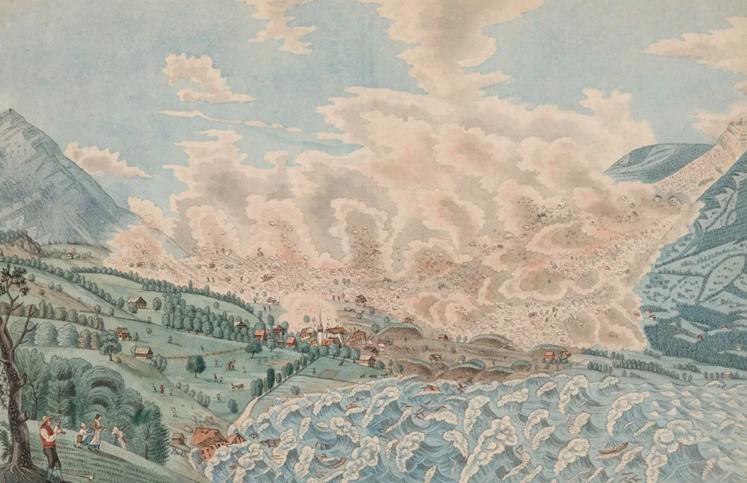 Der 16-jährige David Alois Schmid war Augenzeuge vom Goldauer Bergsturz und hielt es im Nachhinein bildlich fest. Auf der gegenüberliegenden Seite des Sees, zwischen Bergsturzgebiet und Ufer, lag das Gebiet Sägel. Schmid hielt fest, wie sich dort das Land haushoch auftürmte und in Richtung See verschoben wurde.