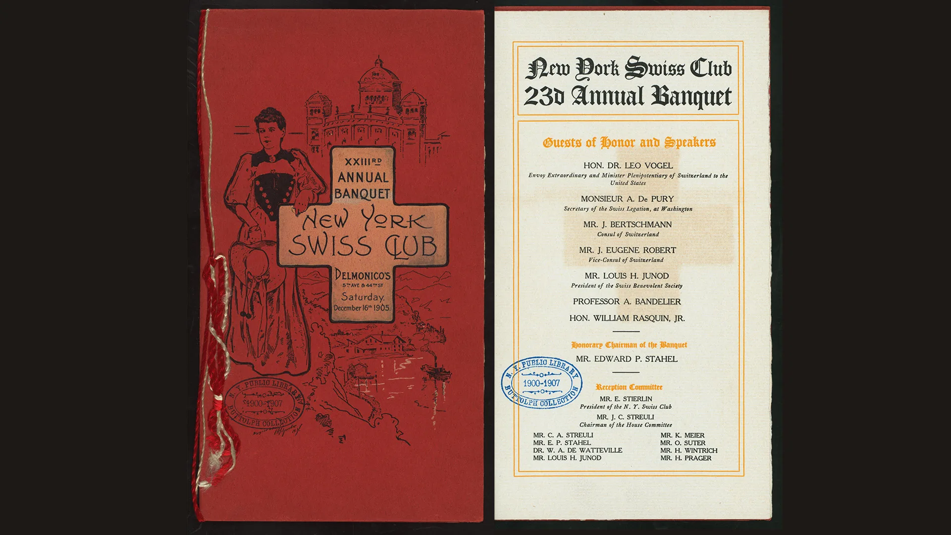 La famille Delmonico conserva des liens étroits avec la Suisse et la communauté suisse de l’étranger: menu d’un banquet donné par le New York Swiss Club en 1905.