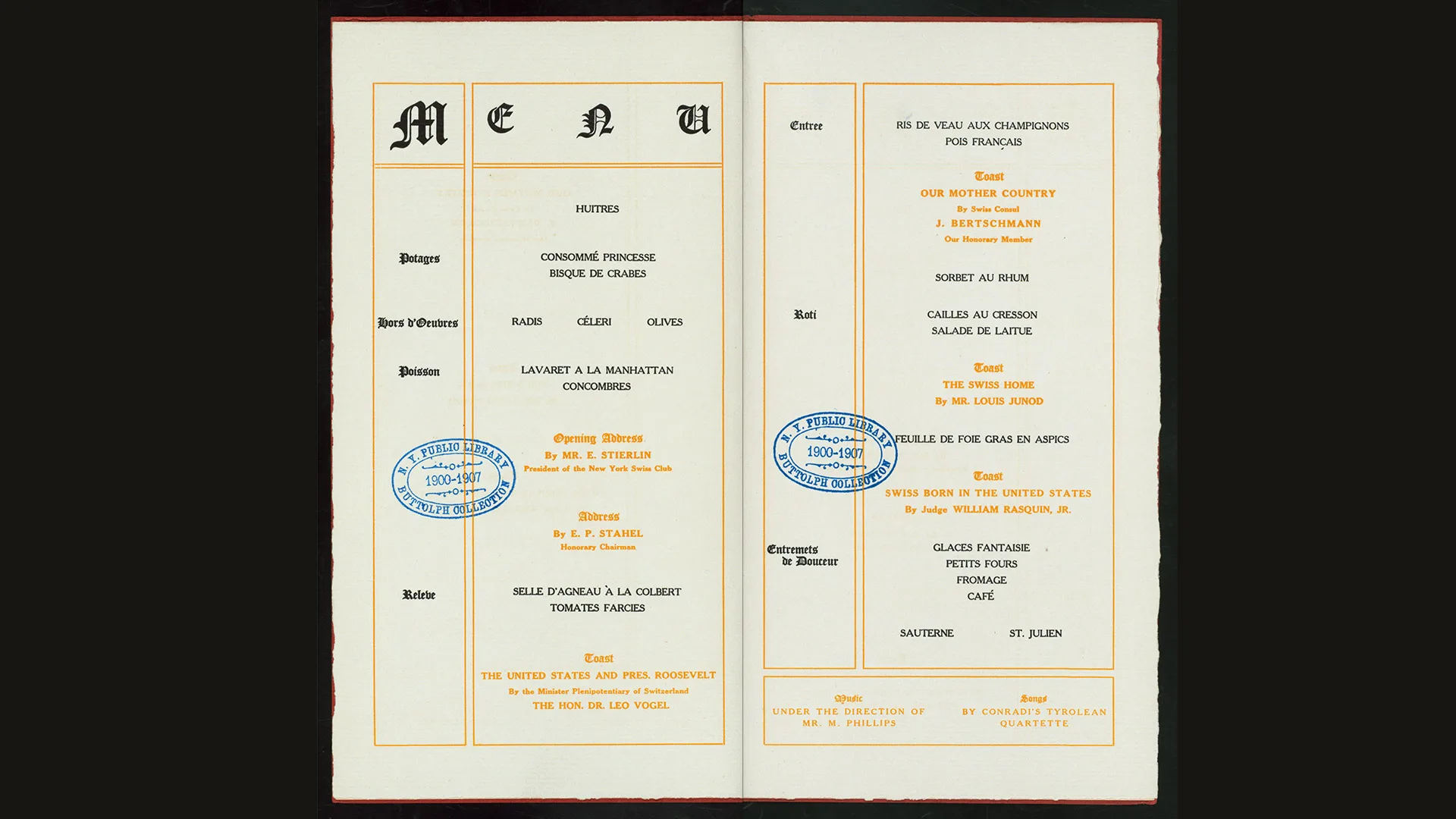 La famille Delmonico conserva des liens étroits avec la Suisse et la communauté suisse de l’étranger: menu d’un banquet donné par le New York Swiss Club en 1905.