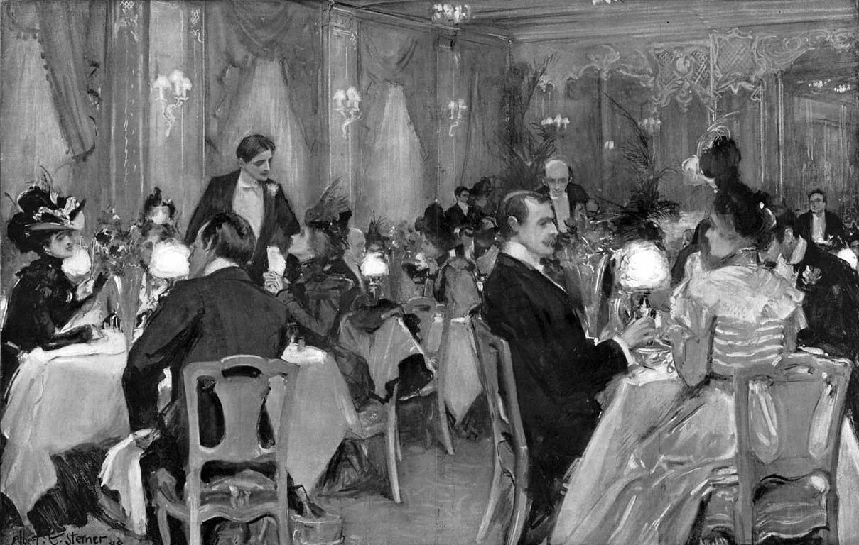 Tableau d’Albert Edward Sterner montrant une collation chez Delmonico’s après l’opéra en 1898.