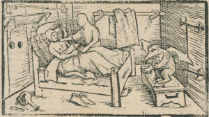 Der Geist in Jetzers Zelle. Der Geist berührt Jetzer am Hals, rechts treibt ein Dämon sein Unwesen. Mit der rechten Hand läutet Jetzer um Hilfe. Holzschnitt von Urs Graf, 1509.
