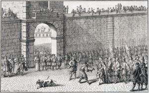 The young Duke Maximilian Sforza is invested with his paternal inheritance by the Swiss in front of the city walls of Milan. Engraving from 1743.