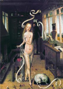 Der weibliche Körper wird mit der Verführung assoziiert, teils wird gar Zauberei dahinter vermutet: Der Liebeszauber, Niederrheinischer Meister, 15. Jahrhundert.