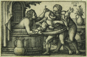Sebald Beham montre que la violence existait parfois aussi dans les bains sur cette gravure sur bois de 1541, «Le fou dans le bain des dames», fou contre lequel les femmes importunées se défendent avec véhémence.