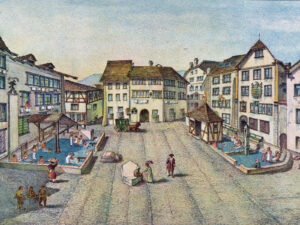The square in the “Grosse Bäder” of Baden im Aargau, ca. 1780. On the left is the public outdoor pool; on the right, the legendary St Verenabad.