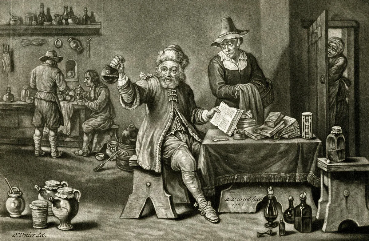 Im 18. und 19. Jahrhundert gab es zahlreiche Quacksalber und Scharlatane, welche ihre Kundschaft über den Tisch zogen. Dieses Bild eines Quackdoktors stammt von Richard Purcell aus dem Jahr 1766.