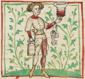 L’aubergiste. Schachzabelbuch («Le Livre du jeu d’échecs») de Konrad d’Ammenhausen (vers 1320); un livre illustré sur les échecs. Édité à Lucerne (?), années 1420.