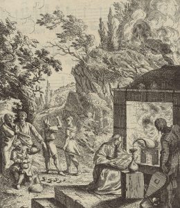 Distillation of alcohol [?] on an open fire by a country road. Etching by Johann Balthasar Bullinger (the Elder), 18th century.