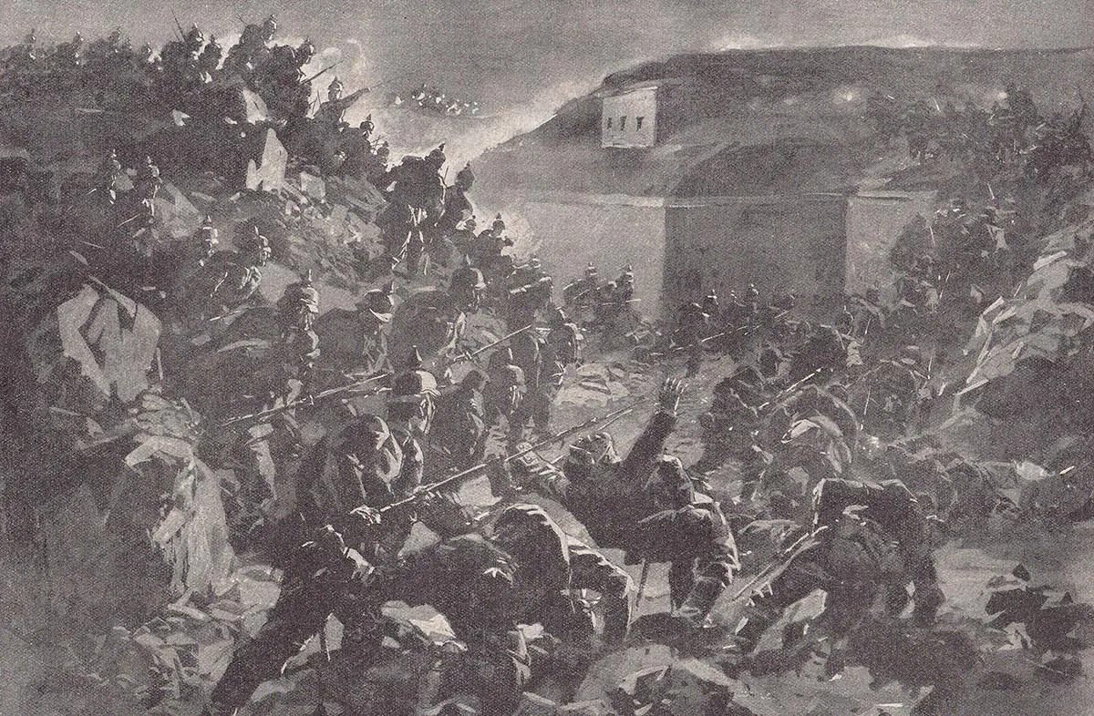 Im August 1914 stürmten deutsche Truppen die belgische Stadt Lüttich. Zeichnung von Anton Hoffmann.