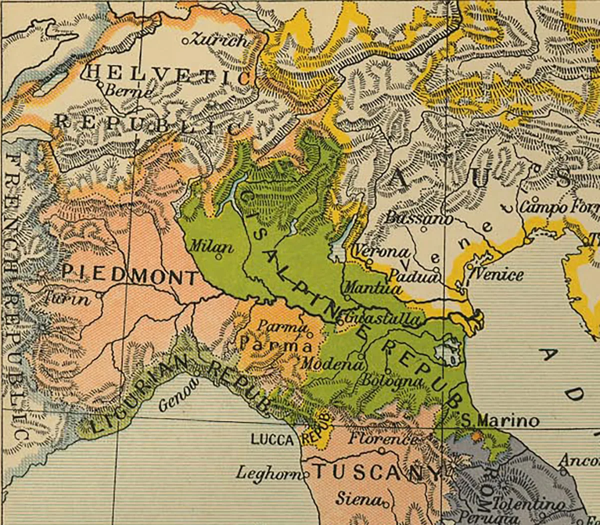 Die Cisalpinische Rpublik (in Grün) im Jahr 1799.