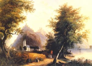 At the age of 21, Karl Bodmer painted this oil painting Die feindlichen Brüder bei Bornhofen am Rhein mit Kloster und Dorfansicht, around 1830.