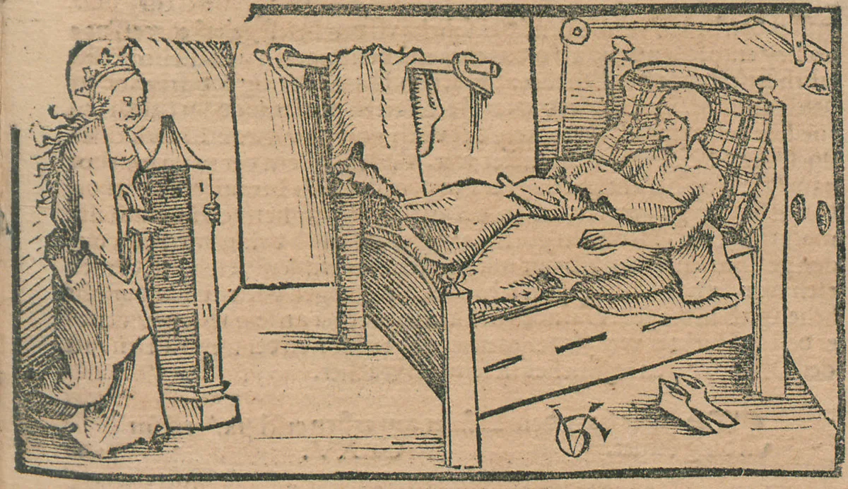 Die Heilige Barbara in Jetzers Zelle. Barbara ist an ihrem Attribut, dem Turm zu erkennen. Holzschnitt von Urs Graf, 1509.