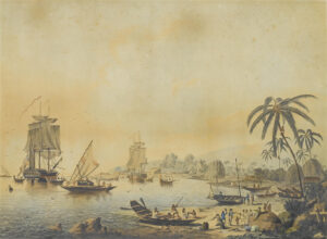 The HMS Resolution and Discovery in Tahiti, painted by John Cleveley the younger, around 1787.
