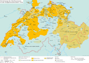 Die konfessionelle Teilung der schweizerischen Eidgenossenschaft um 1536 durch die Reformation.
