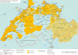 Les frontières religieuses au sein de la Confédération suisse autour de 1536, après la Réforme.