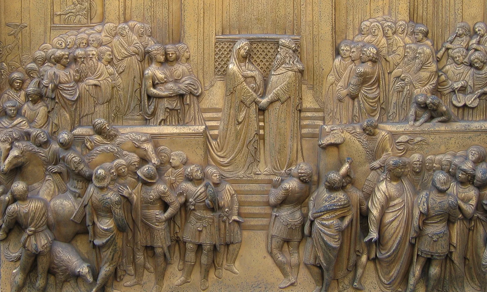 Die Königin von Saba trifft König Salomon: Ausschnitt aus Lorenzo Ghibertis Paradiestüre am Baptisterium San Giovanni, Florenz, 1425–52.