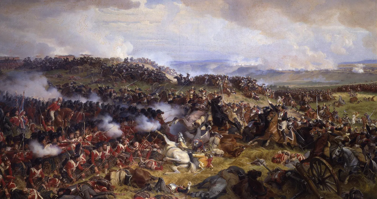 Die Schlacht von Waterloo: Die Briten erwarten den Angriff der französischen Kürassiere, gemalt von Félix Henri Emmanuel Philippoteaux, 1874.