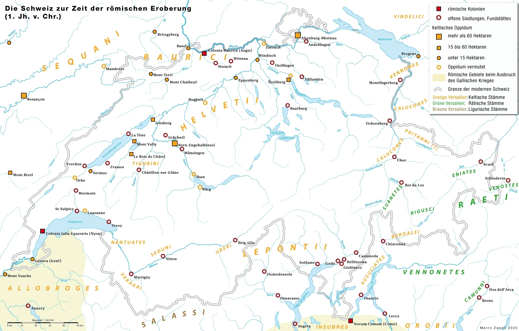 Die Schweiz zur Zeit der Eroberung durch die Römer (1. Jh. v. Chr.).