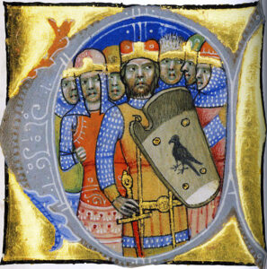 The seven Magyar military leaders in a miniature from the Hungarian Chronicon Pictum of 1360.