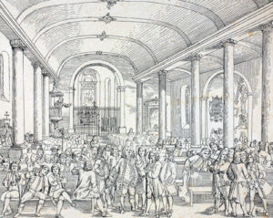 L’élection municipale litigieuse du 17 avril 1723. Cette gravure a été réalisée en 1859, l’église est donc représentée dans l’état dans lequel elle se trouvait après la transformation classique de 1823/25.