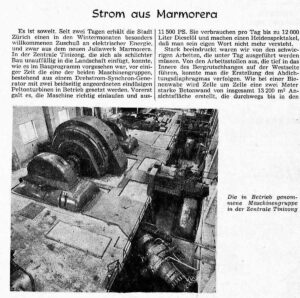 Le 12 octobre 1953, le journal «Die Tat» parle de l’électricité de Marmorera particulièrement bienvenue à Zurich.