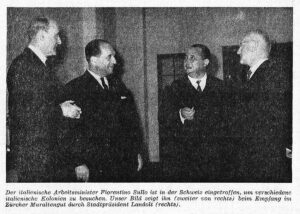 Fiorentino Sullo (deuxième à partir de la droite) lors de sa visite de travail en Suisse, 1961. Photo publiée dans le journal «Die Tat».