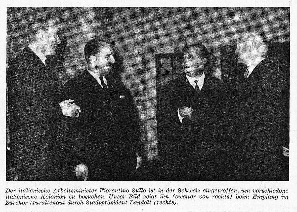 Fiorentino Sullo (Zweiter von rechts) bei seinem Arbeitsbesuch in der Schweiz 1961. Bild aus der Zeitung «Die Tat».