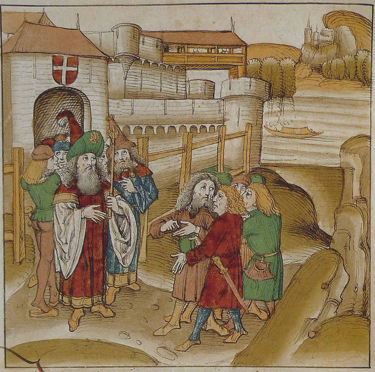 Peter II. empfängt einen Berner Gesandten vor dem Schloss Chillon.