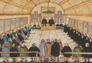 Organisée le 17 janvier 1525 à l’hôtel de ville de Zurich, la disputatio consacrée aux anabaptistes ressemble plutôt à un interrogatoire.