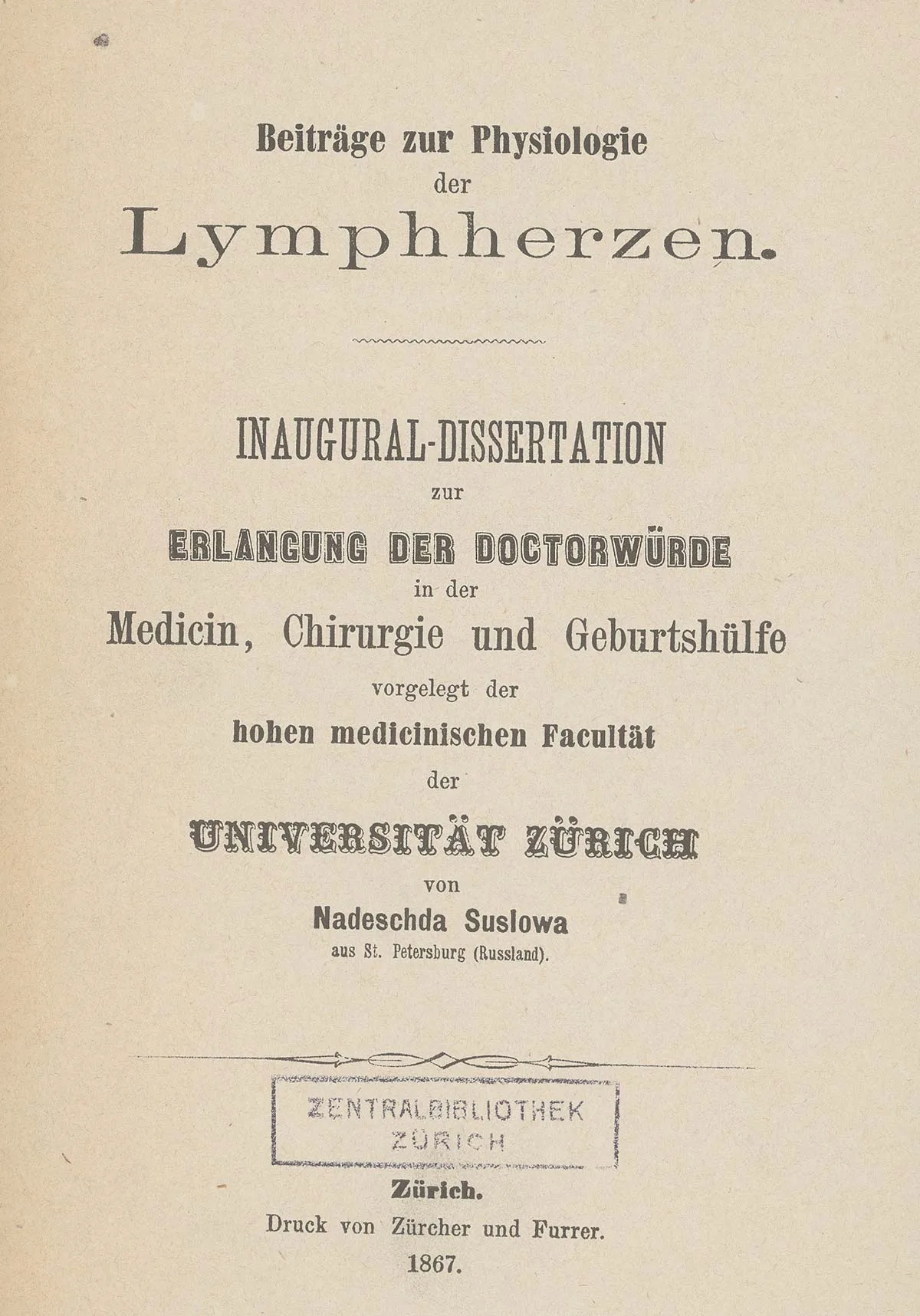 Dissertation von Nadeschda Suslowa, 1867.