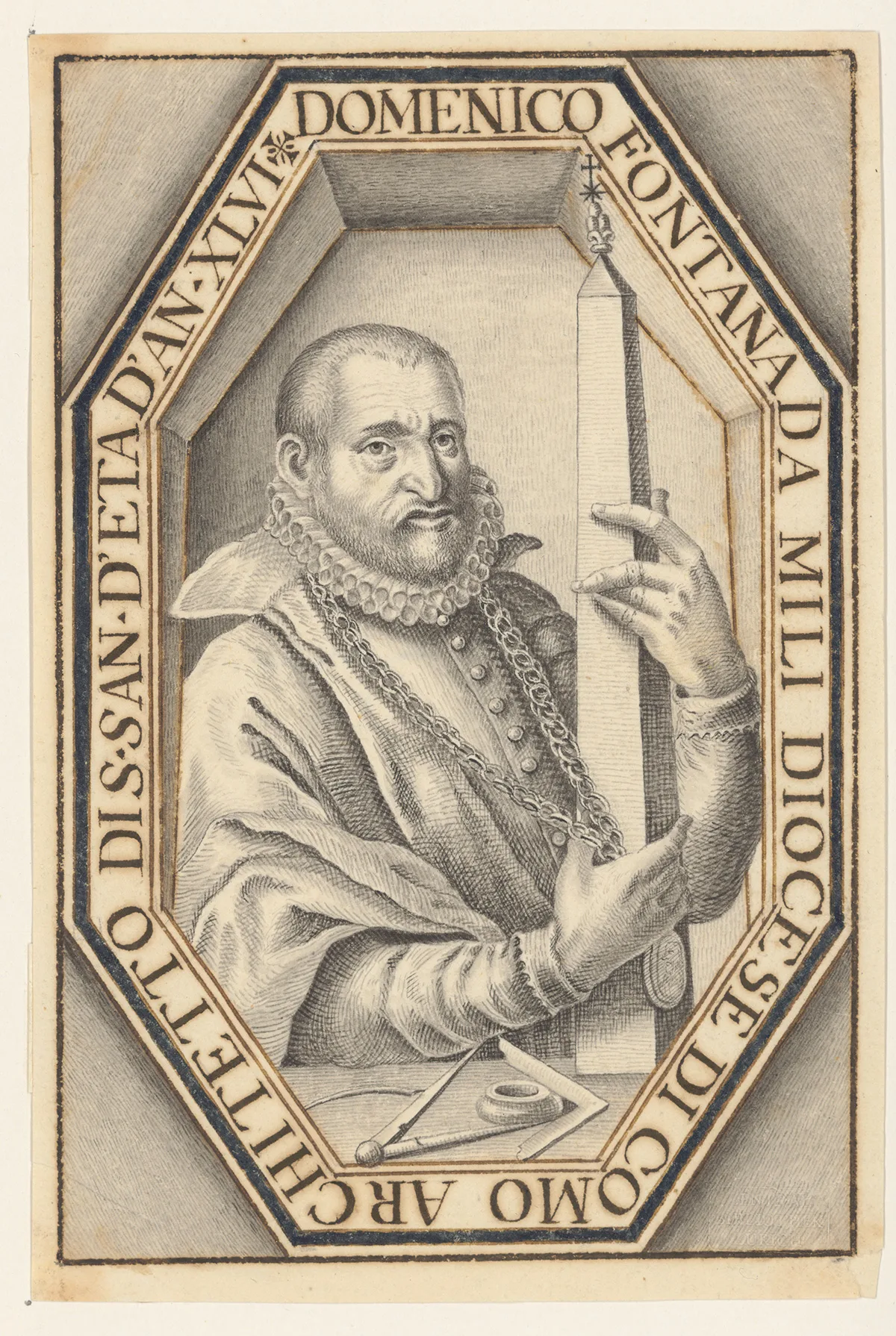 Das Porträt von Domenico Fontana (1543–1607), der einen Obelisken in den Händen hält, verweist auf seine bedeutende städtebauliche Leistung, die Errichtung von Obelisken an wichtigen Punkten und Strassenachsen von Rom.