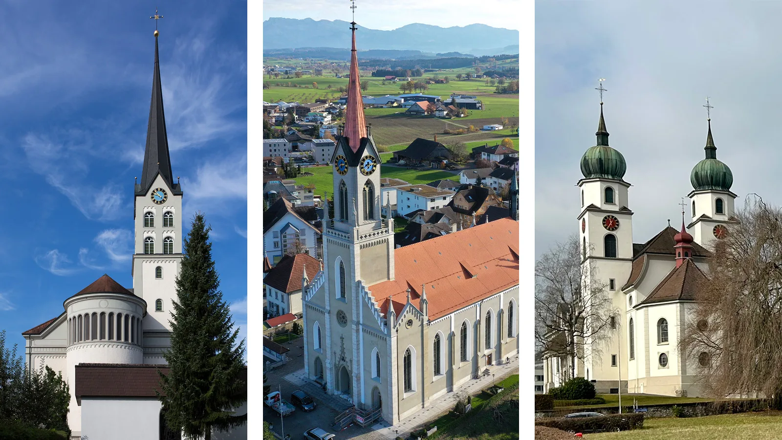 von links: Pfarrkirche Schötz LU, Pfarrkirche Grosswangen LU, Pfarrkirche Eschenbach LU