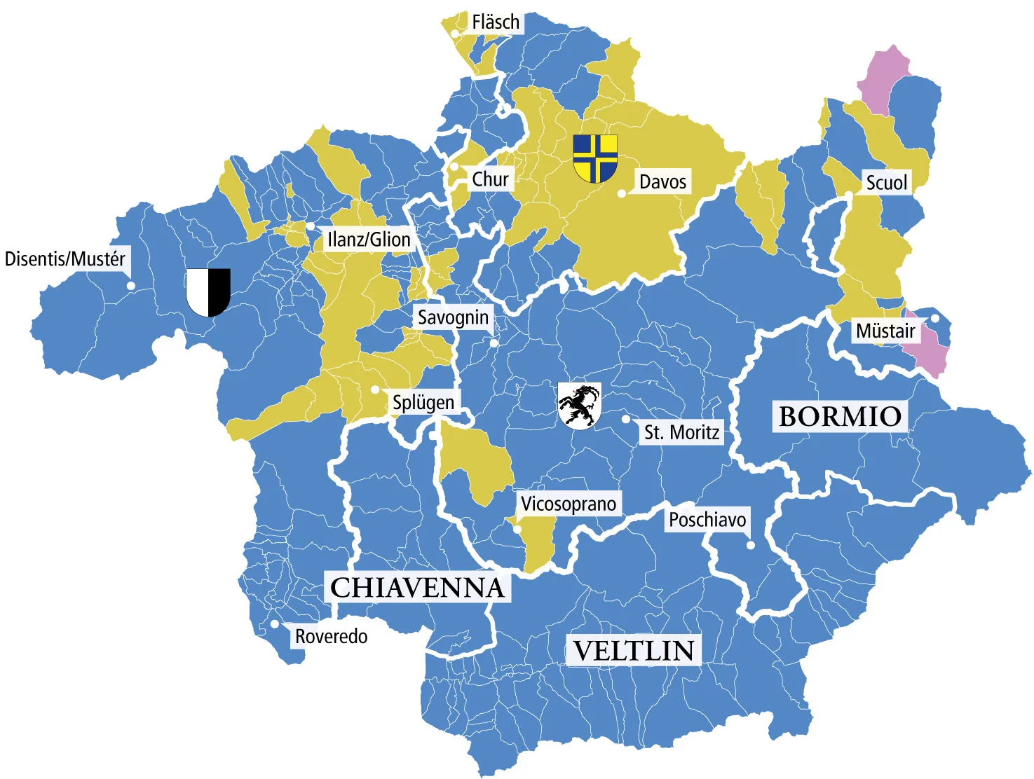 Vergleich der Konfessionen in Graubünden zwischen 1530 (links) und 1570 (rechts). Viele Gemeinden wechselten von katholisch (blau) zu reformiert (grün) oder wurden dank des Wirkens der italienischen Glaubensflüchtlinge wie Pietro Paolo Vergerio und Michelangelo Florio bikonfessionell (violett).