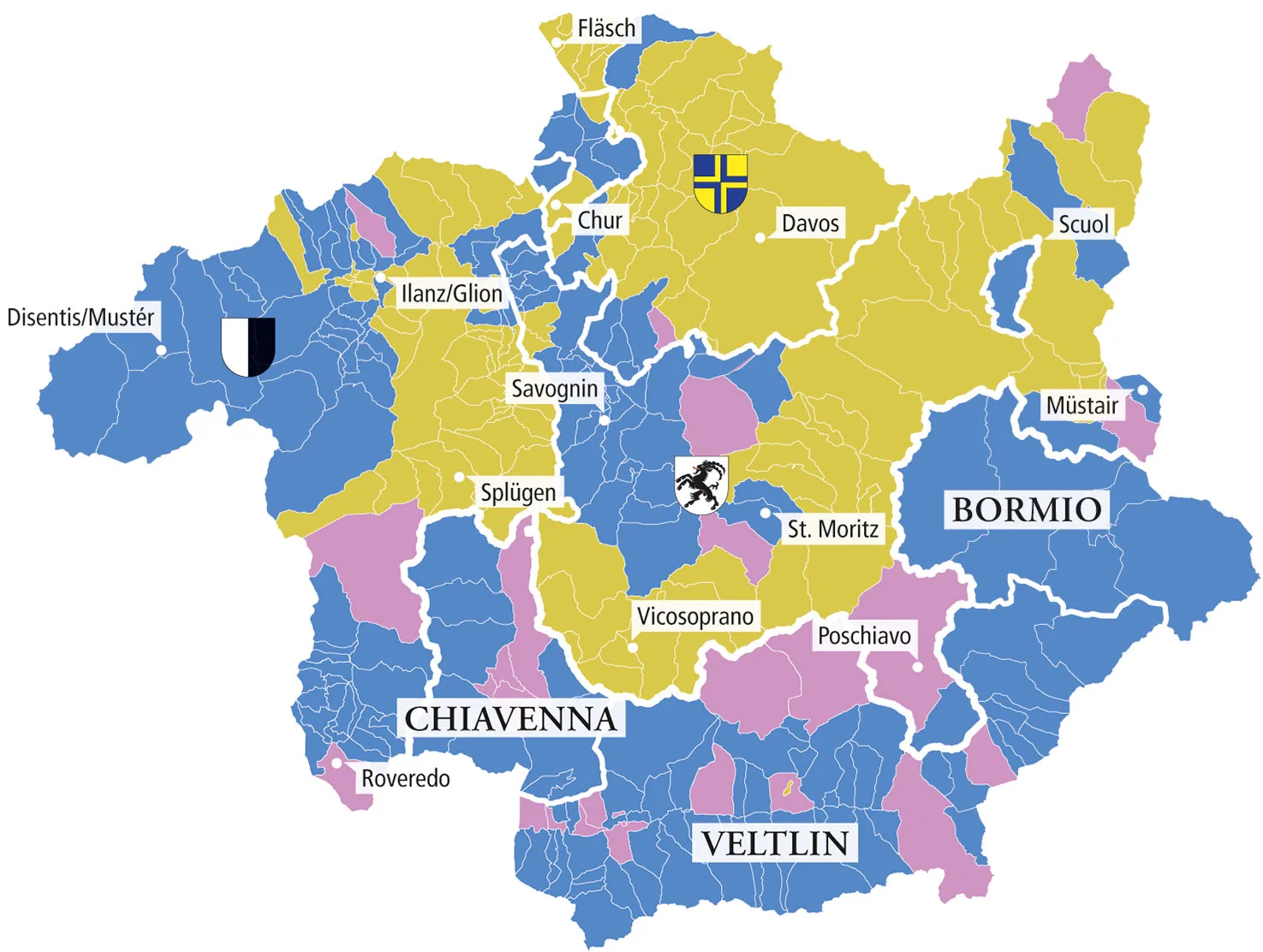 Vergleich der Konfessionen in Graubünden zwischen 1530 (links) und 1570 (rechts). Viele Gemeinden wechselten von katholisch (blau) zu reformiert (grün) oder wurden dank des Wirkens der italienischen Glaubensflüchtlinge wie Pietro Paolo Vergerio und Michelangelo Florio bikonfessionell (violett).